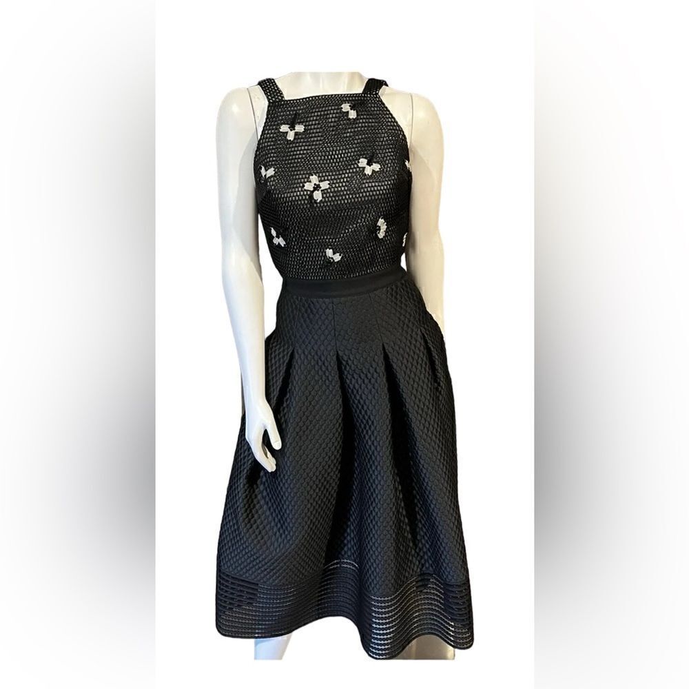 Noir Sachin & Babi Quilted Black Box Pleat Mesh Top Sequin Midi Dress Size 4